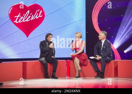 Singer Frederic François, Sabrina Jacobs and Thomas Van Hamme pictured at the closing ceremony of the 29th edition of the Televie charity event of RTL-TVi television, Saturday 22 April 2017, in Vilvoorde. BELGA PHOTO ANTHONY DEHEZ Stock Photo