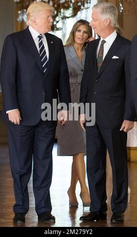 US President Donald Trump, First Lady of the US Melania Trump and King Philippe - Filip of Belgium pose prior to a reception at the Royal Palace in Brussels, Wednesday 24 May 2017. President of The United States of America Trump is on a two day visit to Belgium, to attend a NATO (North Atlantic Treaty Organization) summit on Thursday. BELGA PHOTO BENOIT DOPPAGNE Stock Photo