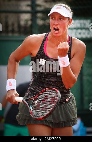 Belgian Yanina Wickmayer celebrates during a tennis game between Belgian Yanina Wickmayer and Russian Daria Kasatkina, in the first round of the women's tournament at the Roland Garros French Open tennis tournament, in Paris, France, Tuesday 30 May 2017. The main table Roland Garros Grand Slam takes place from 29 May to 11 June 2017. BELGA PHOTO VIRGINIE LEFOUR Stock Photo