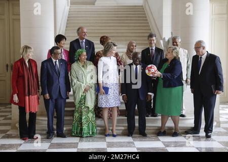 Tedros Adhamon Ghebrey, Director General of WHO, Amina Mohamed, U.N. Deputy Secretary General , Queen Mathilde of Belgium, Nana Akufo Addo, President of Ghana, Erna Solberg, Prime Minister of Norway, Neven Mimica, EU Commissioner in charge of International Cooperation and Development, Dho Young Shim, U.N. Wirld Tourism Organization chaiwoman, Paul Polman, Unilecer CEO, Leymah Gbowee, Gbowee Peace Foundation Director, Alaa Murabit, The Voice of Libyan Women, Jeffrey Sachs, Earth Institute at Columbia Universary Director, Muhammad Yunus, founder of Grameen Bank and pose for a group photo during  Stock Photo