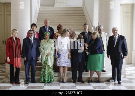 Tedros Adhamon Ghebrey, Director General of WHO, Amina Mohamed, U.N. Deputy Secretary General , Queen Mathilde of Belgium, Nana Akufo Addo, President of Ghana, Erna Solberg, Prime Minister of Norway, Neven Mimica, EU Commissioner in charge of International Cooperation and Development, Dho Young Shim, U.N. Wirld Tourism Organization chaiwoman, Paul Polman, Unilecer CEO, Leymah Gbowee, Gbowee Peace Foundation Director, Alaa Murabit, The Voice of Libyan Women, Jeffrey Sachs, Earth Institute at Columbia Universary Director, Muhammad Yunus, founder of Grameen Bank and pose for a group photo during  Stock Photo