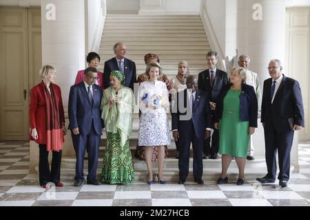 Tedros Adhamon Ghebrey, Director General of WHO, Amina Mohamed, U.N. Deputy Secretary General , Queen Mathilde of Belgium, Nana Akufo Addo, President of Ghana, Erna Solberg, Prime Minister of Norway, Neven Mimica, EU Commissioner in charge of International Cooperation and Development, Dho Young Shim, U.N. Wirld Tourism Organization chaiwoman, Paul Polman, Unilecer CEO, Leymah Gbowee, Gbowee Peace Foundation Director, Alaa Murabit, The Voice of Libyan Women, Jeffrey Sachs, Earth Institute at Columbia Universary Director, Muhammad Yunus, founder of Grameen Bank and pose for a group photo during  Stock Photo