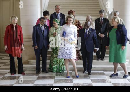 Tedros Adhamon Ghebrey, Director General of WHO, Amina Mohamed, U.N. Deputy Secretary General , Queen Mathilde of Belgium, Nana Akufo Addo, President of Ghana, Erna Solberg, Prime Minister of Norway, Neven Mimica, EU Commissioner in charge of International Cooperation and Development, Dho Young Shim, U.N. Wirld Tourism Organization chaiwoman, Paul Polman, Unilecer CEO, Leymah Gbowee, Gbowee Peace Foundation Director, Alaa Murabit, The Voice of Libyan Women, Jeffrey Sachs, Earth Institute at Columbia Universary Director, Muhammad Yunus, founder of Grameen Bank and pose for a group photo during  Stock Photo