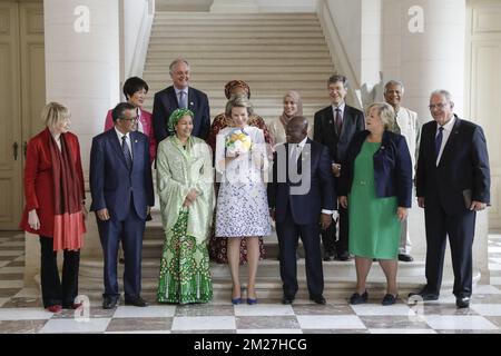 Tedros Adhamon Ghebrey, Director General of WHO, Amina Mohamed, U.N. Deputy Secretary General , Queen Mathilde of Belgium, Nana Akufo Addo, President of Ghana, Erna Solberg, Prime Minister of Norway, Neven Mimica, EU Commissioner in charge of International Cooperation and Development, Dho Young Shim, U.N. Wirld Tourism Organization chaiwoman, Paul Polman, Unilecer CEO, Leymah Gbowee, Gbowee Peace Foundation Director, Alaa Murabit, The Voice of Libyan Women, Jeffrey Sachs, Earth Institute at Columbia Universary Director, Muhammad Yunus, founder of Grameen Bank and pose for a group photo during  Stock Photo