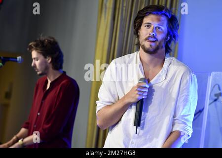 Belgian pop group Bazart performs at a royal visit to Marathonradio of MNM, at the Radiohuis in Leuven, Wednesday 07 June 2017. For the sixth year in a row, VRT's radio net MNM organises Marathonradio during the exam period. BELGA PHOTO DIRK WAEM Stock Photo