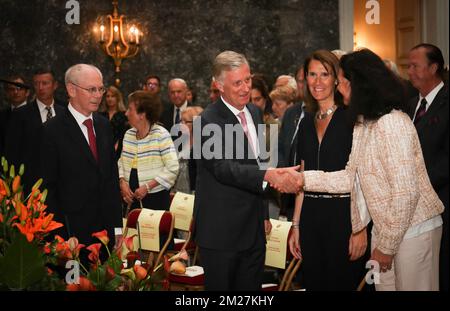Former EU Council President Herman Van Rompuy, King Philippe - Filip of Belgium and Sophie Wilmes Belgian Minister of budget and Christine Defraigne a ceremony to award the 'Francqui Prize 2017', Tuesday 13 June 2017, in Brussels. The scientific prize, which is often referred to as the 'Belgian Nobel Prize', is awarded by The Francqui Foundation and is worth 250.000 euros. This year Liege University professor Laureys is rewarded. BELGA PHOTO VIRGINIE LEFOUR