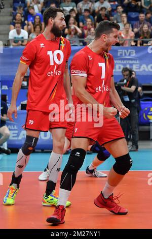 Red Dragons' Francois Lecat and Red Dragons' Simon Van De Voorde celebrate during a World League game between the Red Dragons, Belgian national volleyball team and Canada, Friday 16 June 2017, at the Lotto Arena in Antwerp. BELGA PHOTO LUC CLAESSEN Stock Photo