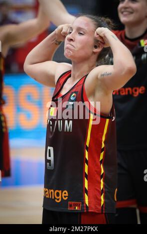 Belgian Cats Marjorie Carpreaux celebrates after winning a game between the Belgian Cats, Belgian national basket team, and Latvia, in the first round of the FIBA Eurobasket Women 2017, Monday 19 June 2017, in Prague, Czech Republic. BELGA PHOTO VIRGINIE LEFOUR Stock Photo