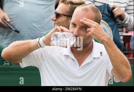 Belgian Steve Darcis celebrates after winning a first round game of gentlemens' singles between Belgian Steve Darcis (ATP 59) and Lithuanian Ricardas Berankis (ATP 124) at Wimbledon grand slam tennis tournament at the All England Tennis Club, in southwest London, Britain, Tuesday 04 July 2017. BELGA PHOTO BENOIT DOPPAGNE Stock Photo