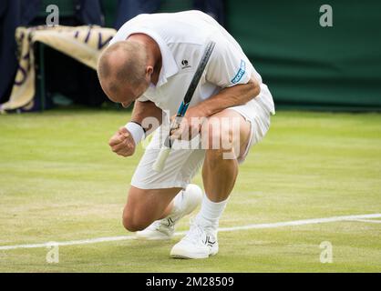 Belgian Steve Darcis celebrates after winning a first round game of gentlemens' singles between Belgian Steve Darcis (ATP 59) and Lithuanian Ricardas Berankis (ATP 124) at Wimbledon grand slam tennis tournament at the All England Tennis Club, in southwest London, Britain, Tuesday 04 July 2017. BELGA PHOTO BENOIT DOPPAGNE Stock Photo