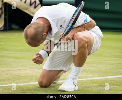 Belgian Steve Darcis celebrates after winning a first round game of gentlemens' singles between Belgian Steve Darcis (ATP 59) and Lithuanian Ricardas Berankis (ATP 124) at Wimbledon grand slam tennis tournament at the All England Tennis Club, in southwest London, Britain, Tuesday 04 July 2017. BELGA PHOTO BENOIT DOPPAGNE Stock Photo