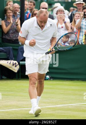 Belgian Steve Darcis celebrates after winning a first round game of gentlemens' singles between Belgian Steve Darcis (ATP 59) and Lithuanian Ricardas Berankis (ATP 124) at Wimbledon grand slam tennis tournament at the All England Tennis Club, in southwest London, Britain, Tuesday 04 July 2017. BELGA PHOTO BENOIT DOPPAGNE Stock Photo