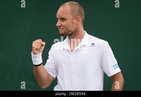 Belgian Steve Darcis celebrates after winning a first round game of gentlemens' singles between Belgian Steve Darcis (ATP 59) and Lithuanian Ricardas Berankis (ATP 124) at Wimbledon grand slam tennis tournament at the All England Tennis Club, in southwest London, Britain, Tuesday 04 July 2017. BELGA PHOTO BENOIT DOPPAGNE Stock Photo