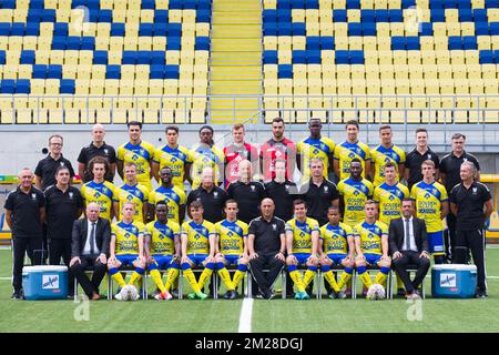 Top Row (L-R) STVV's doctor Koen Pansaers, STVV's doctor Steven Bex, STVV's Jorge Teixeira, STVV's Fabien Antunes, STVV's Jordan Botaka, STVV's Marten Schevenels, STVV's goalkeeper Lucas Pirard, STVV's Babacar Gueye, STVV's Sascha Kotysch, STVV's Damien Dussaut, STVV's kinesist Yannick Strauven, STVV's physiotherapist Arnold Wilmots, Middle Row (L-R): STVV's warehouseman Valere Stevens, STVV's warehouseman Benny Liebens, STVV's Lorenzo Matarrese, STVV's Steven De Petter, STVV's Igor Vetokele, STVV's assistant coach Ramon Caldere, STVV's goalkeeper coach Jos Beckx, STVV's physical coach Eddie R Stock Photo