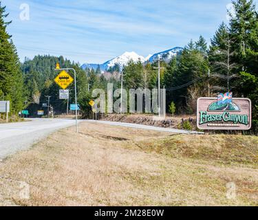 Fraser Canyon sign at the entrance to the Trans Canada Highway in Hope, British Columbia, Canada Stock Photo