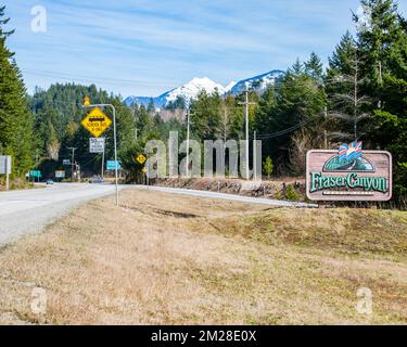 Fraser Canyon sign at the entrance to the Trans Canada Highway in Hope, British Columbia, Canada Stock Photo