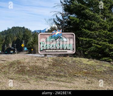 Fraser Canyon sign at the entrance to the Trans Canada Highway in Hope, British Columbia, Canada Stock Photo