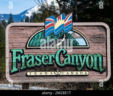 Fraser Canyon sign at the entrance to the Trans Canada Highway in Hope, British Columbia, Canada Stock Photo