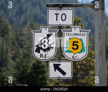 Highway junction signs in Hope, British Columbia, Canada Stock Photo