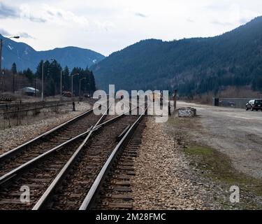 Railway tracks in North Bend, British Columbia, Canada Stock Photo