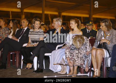 Prince Lorenz of Belgium (3L),Queen Mathilde of Belgium, King Philippe - Filip of Belgium, Crown Princess Elisabeth and Princess Astrid of Belgium pictured during the firework on the Belgian National Day, in Brussels, Friday 21 July 2017. BELGA PHOTO NICOLAS MAETERLINCK