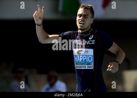 Wilfried Happio celebrates after winning the men's 400m hurdles on the fourth day of the U20 European Championships Athletics, in Grosseto, Italy, Sunday 23 July 2017. This year, the biyearly Championships for athletes who are 19 years old or younger are taking place from 20 to 23 July. BELGA PHOTO JASPER JACOBS Stock Photo