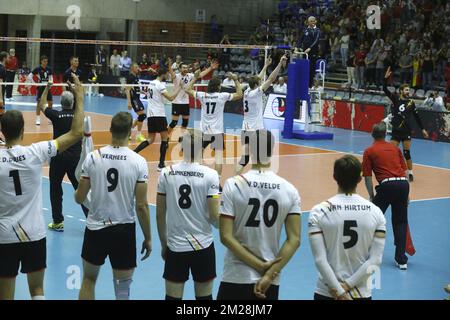 Red Dragons' players celebrate during a World Cup 2018 qualifying game between the Red Dragons, Belgian national volleyball team and Estonia, Sunday 23 July 2017, in Kortrijk. BELGA PHOTO NICOLAS MAETERLINCK Stock Photo