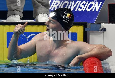 Belgian swimmer Louis Croenen reacts after the 100 m butterfly men heat, on the day six of the World Championships in Budapest, Hungary, Friday 28 July 2017. BELGA PHOTO ERIC LALMAND Stock Photo
