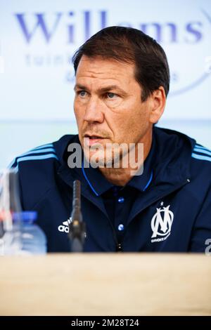 Marseille's head coach Rudi García pictured during a press conference of French club Olympic Marseille (OM) ahead of the return leg of the third qualifying round for the UEFA Europa League competition, Thursday 02 August 2018 in Oostende. KV Oostende plays against Olympic Marseille on Thursday. Marseille won 4-2 the first leg. BELGA PHOTO KURT DESPLENTER Stock Photo