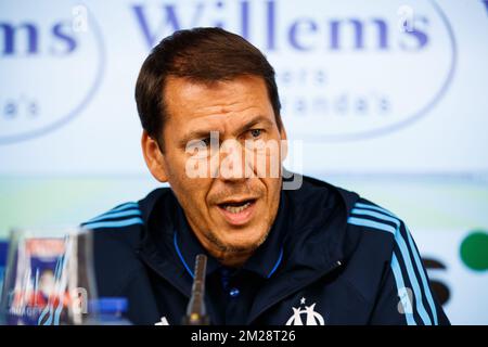 Marseille's head coach Rudi García pictured during a press conference of French club Olympic Marseille (OM) ahead of the return leg of the third qualifying round for the UEFA Europa League competition, Thursday 02 August 2018 in Oostende. KV Oostende plays against Olympic Marseille on Thursday. Marseille won 4-2 the first leg. BELGA PHOTO KURT DESPLENTER Stock Photo