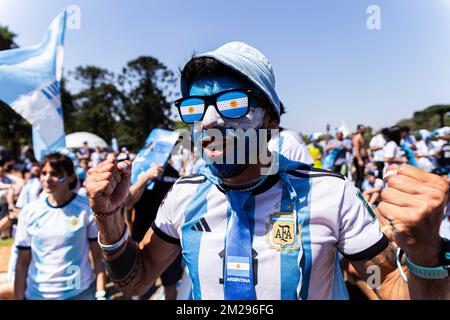 Buenos Aires, Buenos Aires, Argentina. 13th Dec, 2022. The national team qualified for the 2022 World Cup final in Qatar, after beating Croatia 3-0.The ''Flea'' reached 11 goals and surpassed the historical mark of 10 by Gabriel Batistuta. The videos of the goals of Messi and JuliÃ¡n Ãlvarez. The National Team will face France or Morocco in the final of the Qatar 2022 World Cup. (Credit Image: © Virginia Chaile/ZUMA Press Wire) Stock Photo