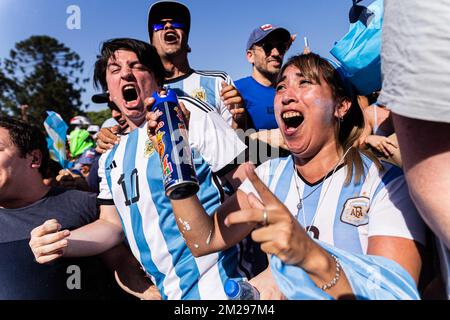 Buenos Aires, Buenos Aires, Argentina. 13th Dec, 2022. The national team qualified for the 2022 World Cup final in Qatar, after beating Croatia 3-0.The ''Flea'' reached 11 goals and surpassed the historical mark of 10 by Gabriel Batistuta. The videos of the goals of Messi and JuliÃ¡n Ãlvarez. The National Team will face France or Morocco in the final of the Qatar 2022 World Cup. (Credit Image: © Virginia Chaile/ZUMA Press Wire) Stock Photo