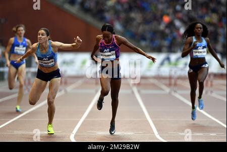 USA Dalilah Muhammad (C) wins before Czech Zuzana Hejnova (L) the women's 400m hurdles race at the AG Insurance Memorial Van Damme athletics event, the last meeting of the IAAF Diamond League competition, Friday 01 September 2017 in Brussels BELGA PHOTO ERIC LALMAND Stock Photo