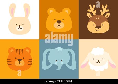 Cute wild animals faces emotion cartoon baby set. Childish safari head muzzle portraits character lion, tiger elephant, deer, sheep and rabbit. Funny jungle kid wildlife collection, template sticker Stock Vector