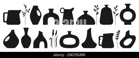 Vase shape and ceramic pot, jug or jar bottles silhouette set. Cozy home decor handmade boho pottery form and branch leaves. Antique various vases, hand drawn vessel. Trendy art concept vector Stock Vector