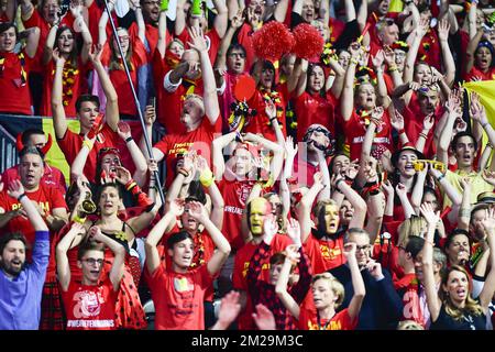 Belgian supporters pictured during the fourth game of the Davis Cup World Group semi-final between Belgium and Australia, between Belgian David Goffin (ATP 12) and Australian Nick Kyrgios (ATP 20), Sunday 17 September 2017, in Brussels. The Davis Cup game is played from 15 to 17 September 2017 in Brussels. BELGA PHOTO LAURIE DIEFFEMBACQ Stock Photo