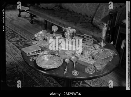 Clark House, Salem: interior, table full of small silver pieces , Furnishings. Samuel Chamberlain Photograph Negatives Collection Stock Photo