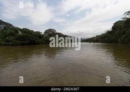 Beautiful shot of colombian palomino river in middle of guajira vegetation with mountains at background Stock Photo