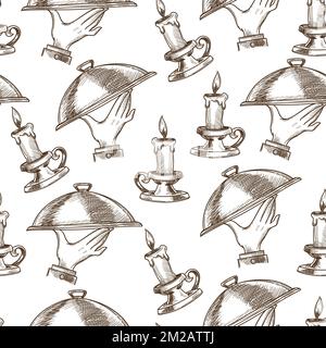 Vintage plate served in restaurants and candle seamless pattern Stock Vector