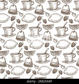 Herbal tea with lemon and raspberry, seamless pattern Stock Vector