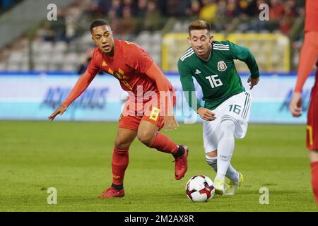 Belgium's Youri Tielemans and Mexico's Hector Herrera fight for the ball during a friendly soccer game between Belgian national team Red Devils and Mexico, Friday 10 November 2017, in Brugge. BELGA PHOTO BRUNO FAHY Stock Photo