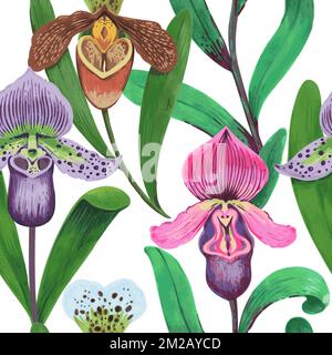 Vector seamless pattern with colorful psychedelic orchid flowers. Hand drawn illustration. Seamless print for textile and wallpaper. Stock Vector