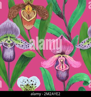 Vector seamless pattern with colorful psychedelic orchid flowers. Hand drawn illustration. Seamless print for textile and wallpaper. Stock Vector