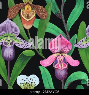 Vector seamless pattern with colorful psychedelic orchid flowers. Hand drawn illustration. Seamless print for textile and wallpaper. Stock Vector