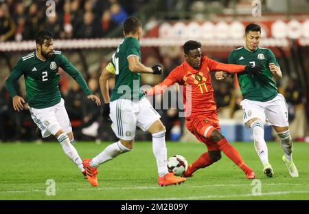 Belgium's Divock Origi and Mexico's Carlos Salcedo fight for the ball during a friendly soccer game between Belgian national team Red Devils and Mexico, Saturday 11 November 2017, in Brugge. BELGA PHOTO VIRGINIE LEFOUR  Stock Photo