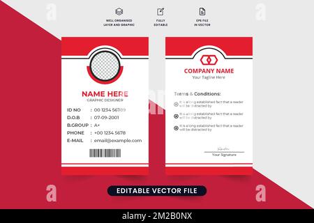 Creative business ID card design with photo placeholder for office or academic uses. Identity card template vector with red color. Employee or student Stock Vector