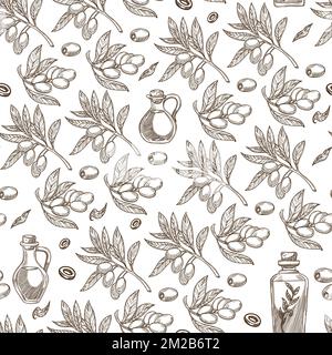 Olives plant, branches with berries and oil seamless pattern Stock Vector