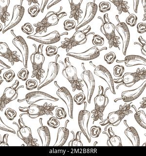Spicy herbs hot chilli pepper colorless seamless pattern Stock Vector