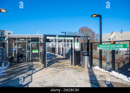 Boston Metro MBTA Green Line Magoun Square station in city of Somerville, Massachusetts MA, USA. The station is Green Line Extension opened on Dec. 12 Stock Photo