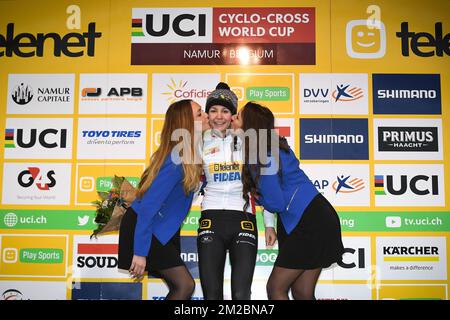 Dutch Fleur Nagengast pictured on the podium after the women elite race of the World Cup cyclocross in Namur, 6th stage of the UCI World Cup competition, in NamurSunday 17 December 2017. BELGA PHOTO DAVID STOCKMAN Stock Photo